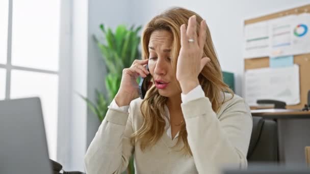 Bezorgde Vrouw Aan Telefoon Het Kantoor Tonen Angst Stress Tijdens — Stockvideo