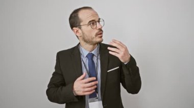 Profesyonel İspanyol adam izole edilmiş beyaz arka plan, portre üzerinde kravat ayarlıyor.