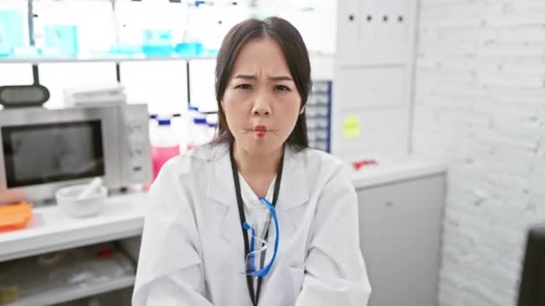 실험실에서 물고기 얼굴을 그녀의 입술과 재미있는 표현을 만드는 과학자 — 비디오