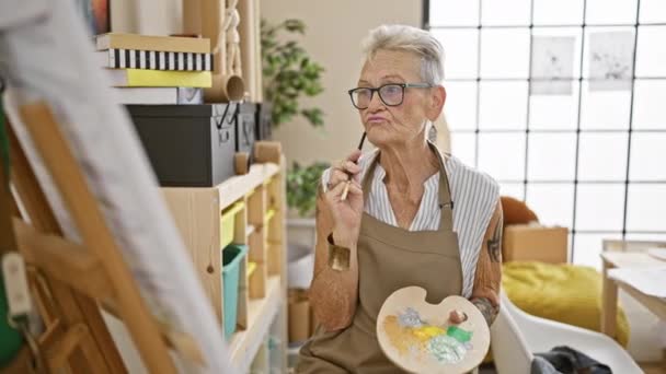 Zamyšlená Šedovlasá Starší Umělkyně Ponořená Kresby Obklopená Štětci Plátnem Svém — Stock video
