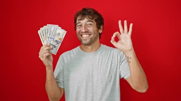 クールで ハンサムな男は自信を持って私たちの紙幣でいっぱいの手で サインし 孤立した赤い背景に対して成功のビームで微笑みます — ストック動画