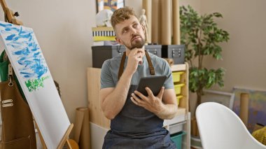 Resimlerle çevrili bir sanat stüdyosunda önlüklü, sakallı, düşünceli genç bir adam..