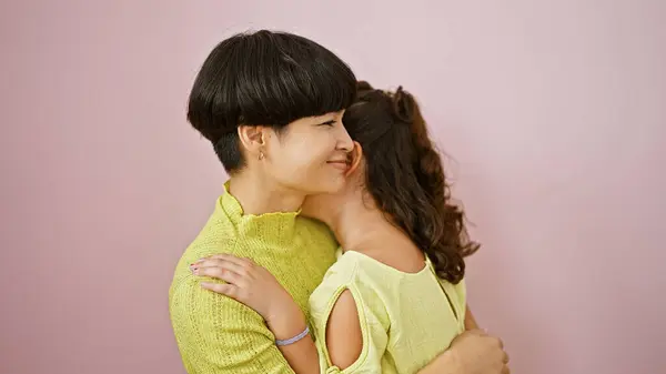 Confident Mother Daughter Sharing Lovely Happy Hug While Smiling Standing — Stock Photo, Image