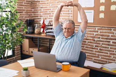 Orta yaşlı, kır saçlı bir iş adamı ofiste dizüstü bilgisayar kullanıyor.