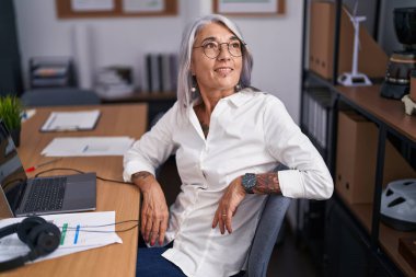 Ofiste çalışırken dizüstü bilgisayar kullanan, orta yaşlı, kır saçlı iş kadını.