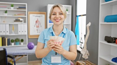 Gülümseyen genç bir kadın modern bir klinik ortamında İsrail şekellerini tutuyor..