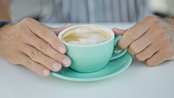 Close Adult Hands Holding Teal Coffee Cup Outdoor Setting Signaling — Stock Photo, Image