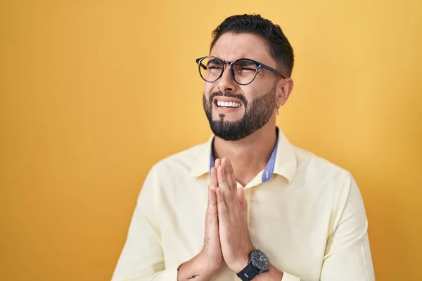 Hispanic Young Man Wearing Business Clothes Glasses Begging Praying Hands — Stock Photo, Image