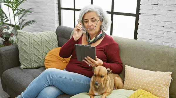 Una Mujer Madura Con Gafas Lee Una Tableta Junto Perro — Foto de Stock
