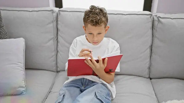 愛らしいブロンドの少年は ソファーに座って ノートブックに徹底的に浸り 彼の家の居間の居心地の良い快適さの中で認知の道具をペンにします — ストック写真