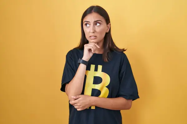 Young Hispanic Woman Wearing Bitcoin Shirt Looking Stressed Nervous Hands — Stock Photo, Image