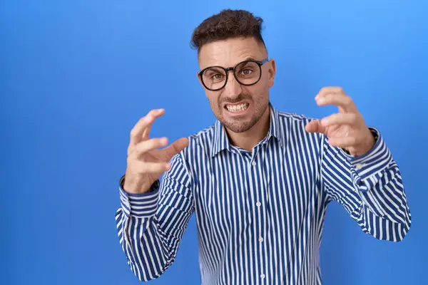 Hispanic Man Beard Wearing Glasses Shouting Frustrated Rage Hands Trying — Stock Photo, Image