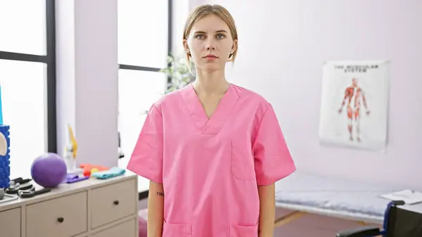 Una Mujer Caucásica Vestida Rosa Para Con Confianza Dentro Una — Foto de Stock