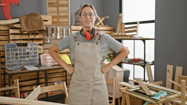 Carpinteiro Mulher Confiante Com Óculos Avental Fica Uma Oficina Bem — Fotografia de Stock