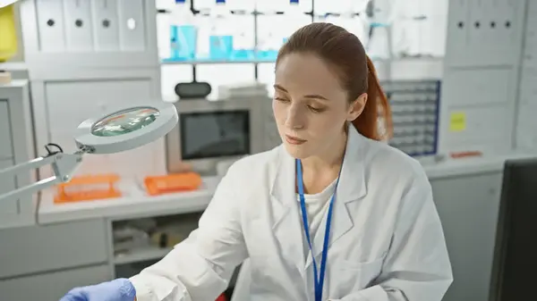Biała Kobieta Naukowiec Analizujący Próbki Warunkach Laboratoryjnych Przedstawiający Badania Medycynę — Zdjęcie stockowe