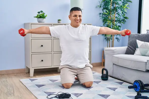 Young Latin Man Smiling Confident Using Dumbbells Training Home — Stock Photo, Image
