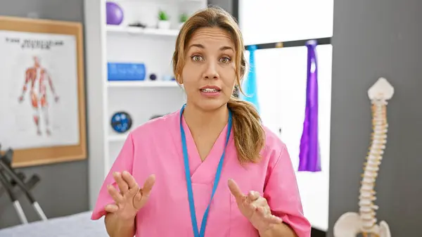西班牙裔妇女医疗专业人员在诊所的内部发表演说 戴着粉色的刷子和教育海报 — 图库照片