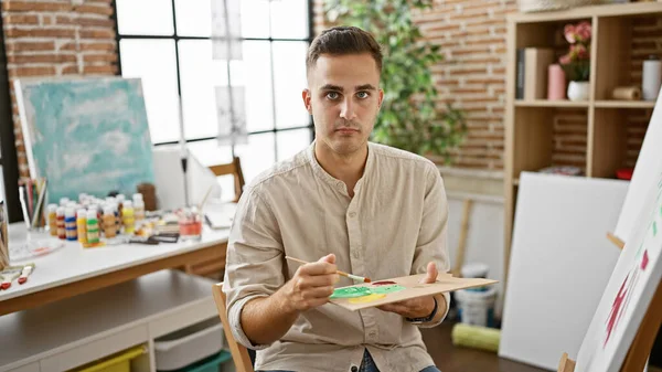 A young hispanic man artist painting on a canvas in a bright art studio.