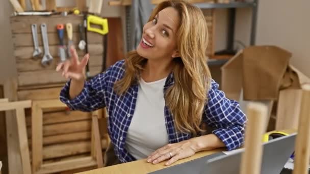 Joyful Young Latin Woman Beaming Confident Smile Sitting Carpentry Table — Stock Video