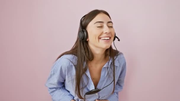 Burst Laughter Young Beautiful Hispanic Woman Headset All Smiles Laughs — Stock Video