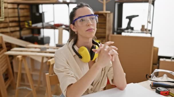 Opa Jovem Hispânica Indolente Uma Bela Carpinteiro Óculos Segurança Bate — Vídeo de Stock
