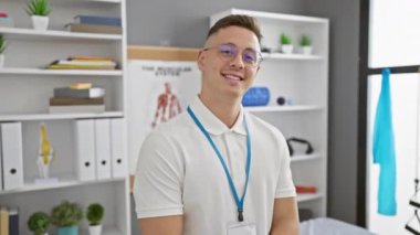 Latin kökenli genç adam rozet takarken gülümsüyor, bir fizik tedavi kliniğinin içinde güvenle duruyor..