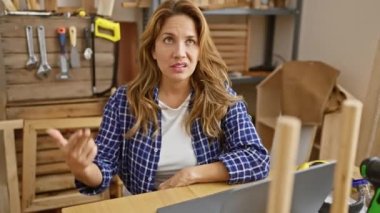 Marangozluk stüdyosunda kafası karışmış genç bir Latin kadın ölümcül intihar jestleri yaparak masaya oturdu..