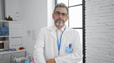 Gülümseyen, kendine güvenen, gri saçlı, Latin asıllı genç bilim adamı. Laboratuvarda çapraz kollu bir jest yapıyor.