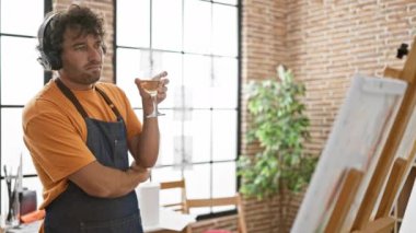 Önlüklü düşünceli İspanyol adam sanat stüdyosunda şarap kadehi tutuyor.