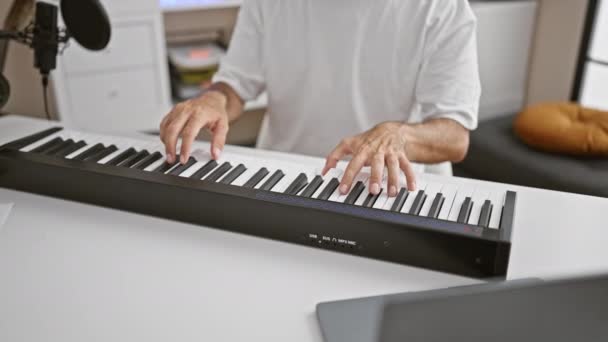 Kendinden Emin Yakışıklı Bir Spanyol Müzik Stüdyosunda Piyano Çalan Gülümseyen — Stok video