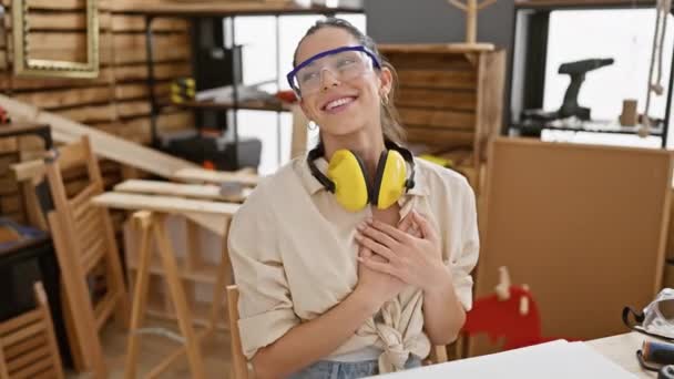 Smiling Young Hispanic Woman Radiates Pride Health Gratitude Carpentry Workshop — Stock Video