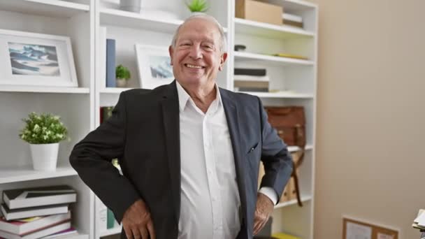 Confident Smiling Senior Man Making Business Magic Radiating Joy Works — Stock Video