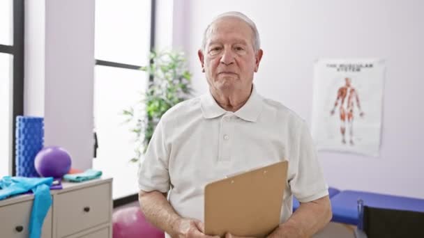 Sorridente Uomo Anziano Con Fiducia Tenendo Appunti Come Fisioterapista Una — Video Stock