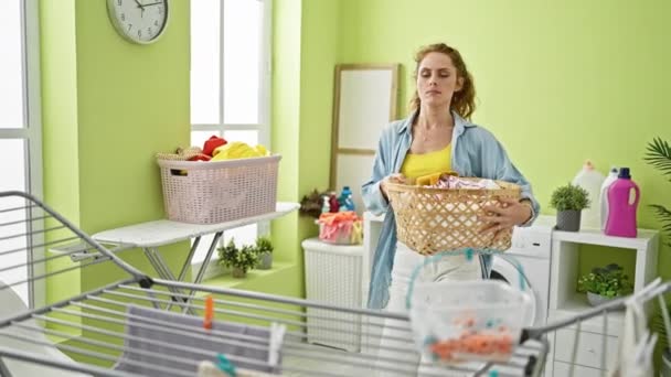 Caucasian Woman Doing Laundry Indoors Holding Basket Bright Green Room — Stock Video