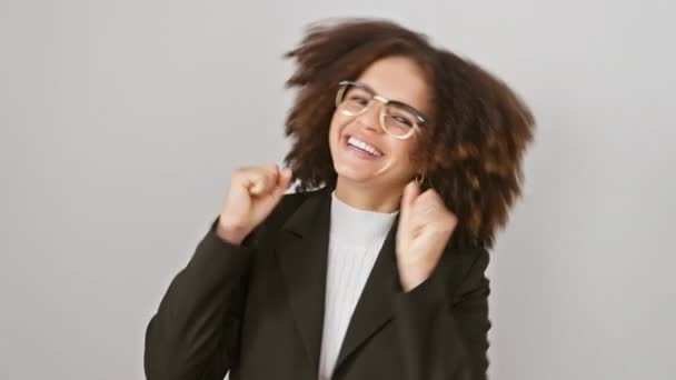 Excited Hispanic Woman Curly Hair Celebrating Her Win Standing Victorious — Stock Video