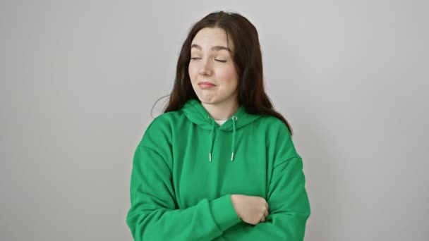 여자는 셔츠를 손가락으로 측면을 가리키는 미소를 고립된 — 비디오