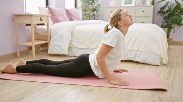 Serene Caucasian Woman Practices Yoga Her Bedroom Embodying Wellness Domestic — Stock Video