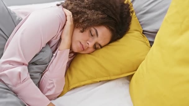 Young Hispanic Woman Curly Hair Sleeping Bed Wearing Pajamas Cozy — Stock Video