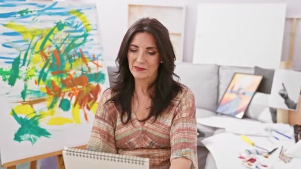 Olgun Spanyol Kadın Parlak Bir Stüdyoda Resim Yapıyor Yaratıcılık Konsantrasyon — Stok video