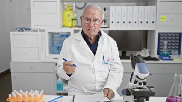 Vážný Šedovlasý Starší Muž Zkušený Vědec Pilně Pracuje Laboratoři Dělá — Stock video
