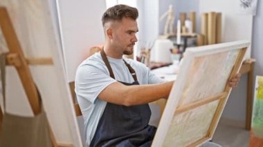 Sanat stüdyosunda tuvale resim yapan genç bir adam. Sıradan bir ortamda odaklanmış ve yaratıcı..