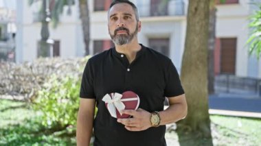 Açık hava ortamında gri saçlı, olgun sakallı bir adam hediyesini tutuyor..