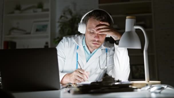 Ένας Κουρασμένος Ισπανός Ρόμπα Εργαστηρίου Ακουστικά Δουλεύει Νύχτα Γραφείο Νοσοκομείου — Αρχείο Βίντεο