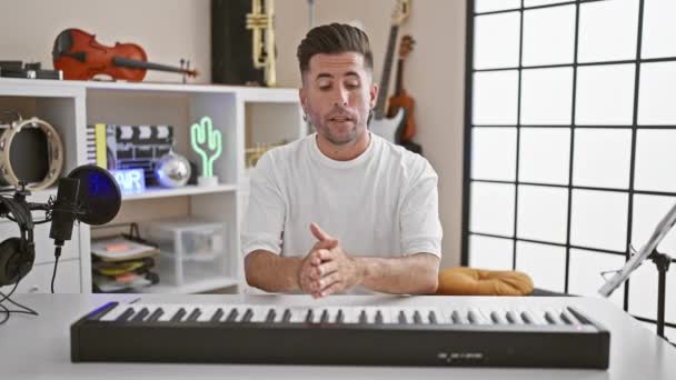 Jóképű Fiatal Spanyol Férfi Zenész Szenvedélyesen Játszik Akusztikus Dallamot Zongorán — Stock videók