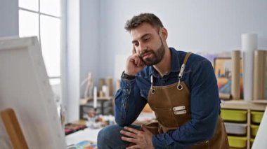 Gülümseyen genç bir İspanyol 'un portresi, resim stüdyosunun ortasında kendinden emin bir şekilde oturuyor.