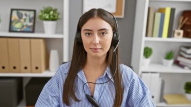 Modern ofis ortamında kulaklık takan profesyonel İspanyol kadın..
