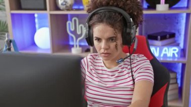 Şok olmuş, genç, kıvırcık saçlı bir kadın oyun odası hatasında ellerini şaşkınlıkla kapatıyor. Kapalı mekanda endişeli bir ifade beliriyor.