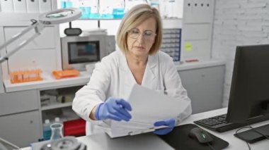 Parlak bir laboratuvar ortamında belgeleri analiz eden odaklanmış bir kadın bilim adamı.