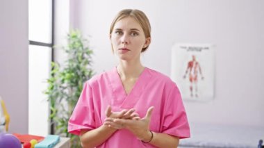 Pembe önlüklü beyaz bir kadın, klinikte farklı jestler sergiliyor..