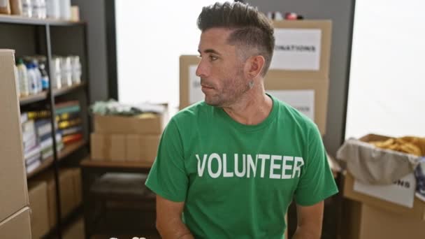 Junger Hispanischer Mann Sitzt Mit Ernstem Gesicht Tisch Eines Wohltätigkeitszentrums — Stockvideo